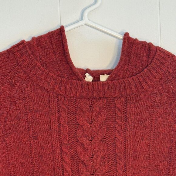 Moth Sweater Womens Large Red Wool Cable Knit Hooded Tunic Pullover Asym Hem - Picture 2 of 14
